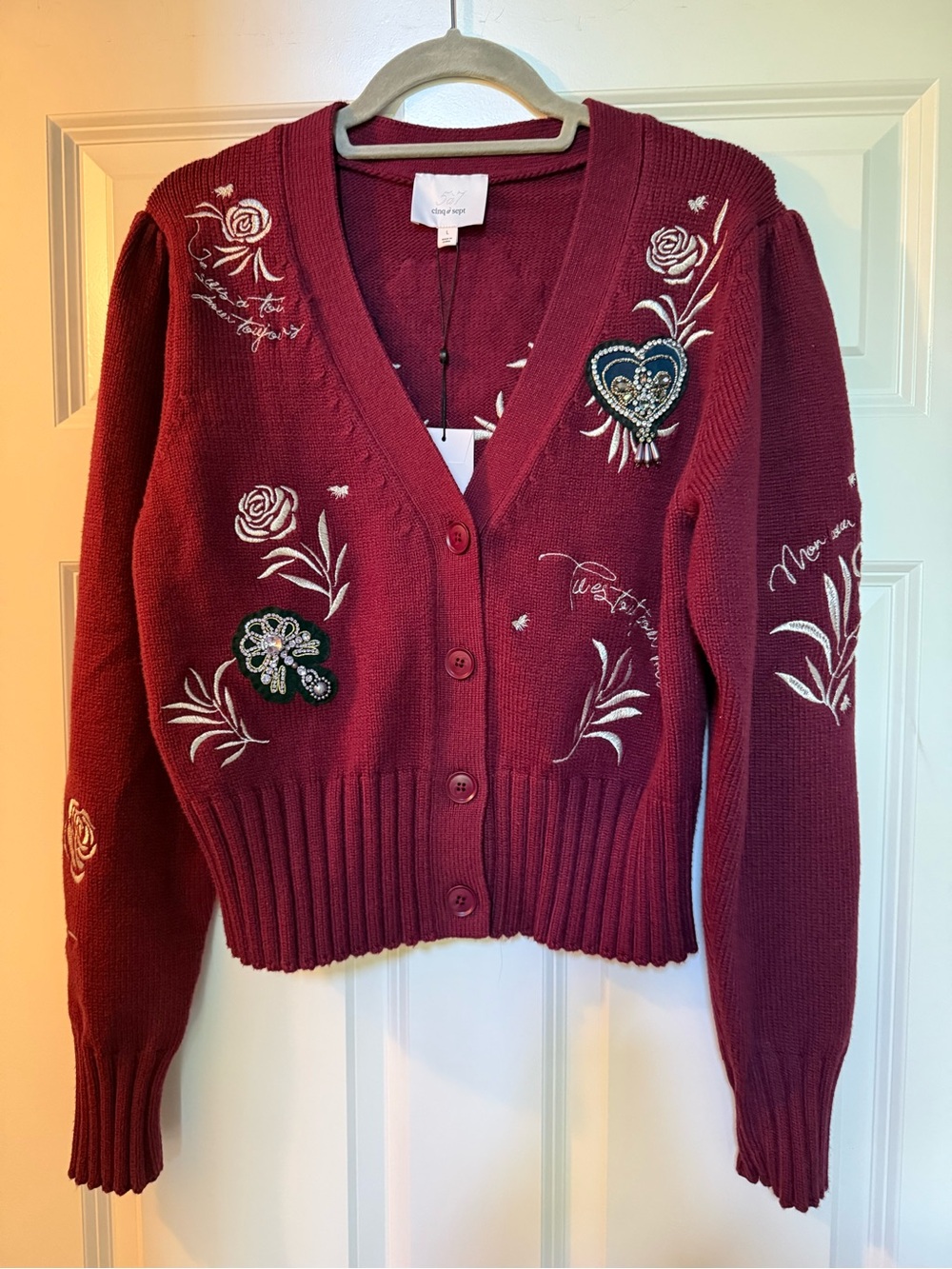 Cinq a Sept Heritage Embroidered Burgundy V-Neck Cardigan Sweater